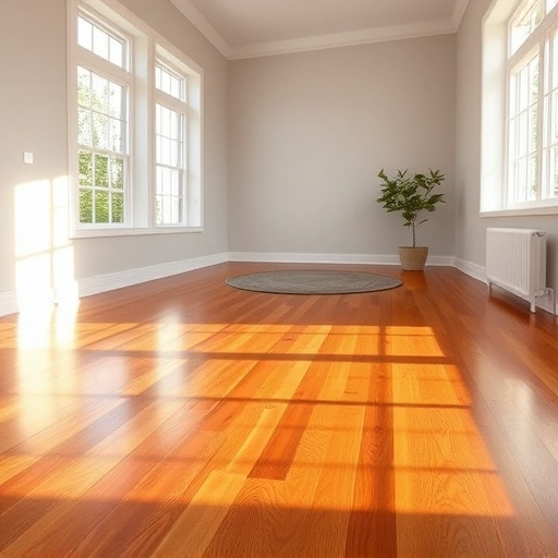Room with polished hardwood flooring in warm tones, large windows, neutral walls, and elegant decor accents.