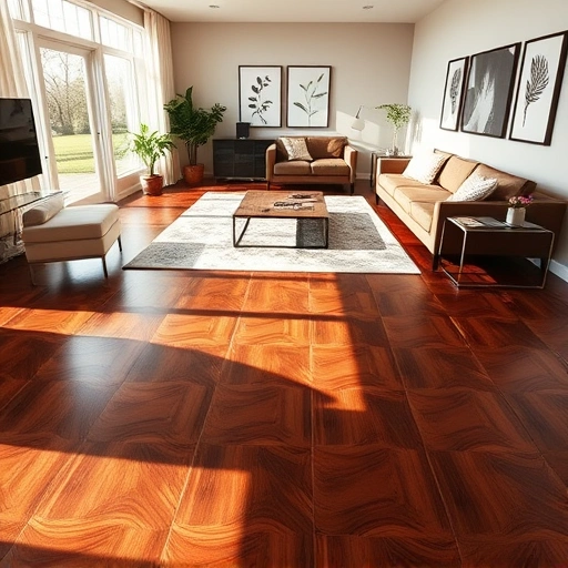 Custom hardwood flooring installation in a stylish living room with dark wood, natural light, and elegant decor.