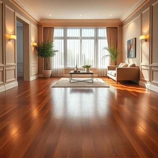 Hardwood floor replacement in a stylish Algonquin living room with warm tones, modern lighting, and elegant decor.