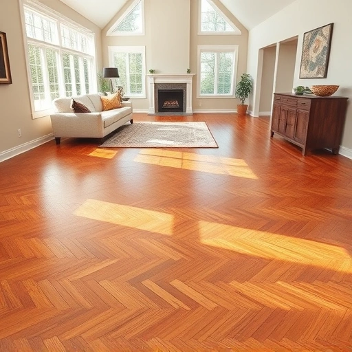 Spacious living room in Algonquin IL featuring polished herringbone hardwood flooring with warm tones and natural light.