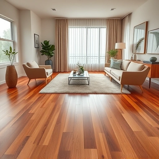 Modern living room in South Elgin IL featuring rich hardwood flooring, contemporary decor, and natural light ambiance.