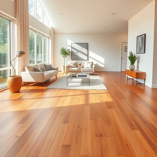 Custom hardwood flooring installation in a modern living room with polished planks, natural light, and elegant decor.