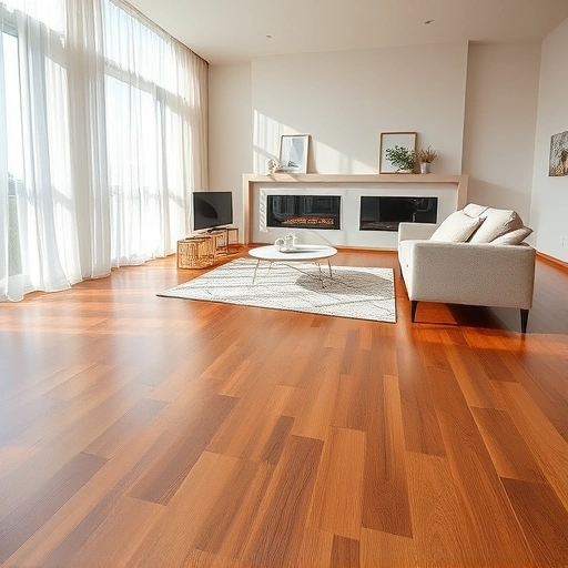 Custom hardwood flooring installation in an elegant living room in Streamwood IL with warm finishes and natural light.