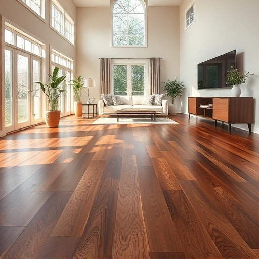 Custom hardwood flooring installation in a spacious living room, showcasing polished planks and natural light.