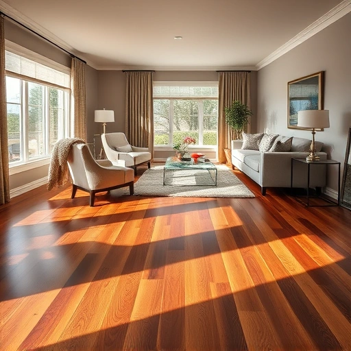 Custom hardwood flooring installation in a spacious living room with elegant furniture and natural light in Buffalo Grove IL.