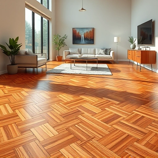 Custom hardwood flooring installation in Hoffman Estates IL with herringbone pattern in modern living room setting.