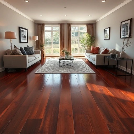 Custom hardwood flooring installation in an elegant Huntley IL living room featuring dark gleaming floors and stylish decor.