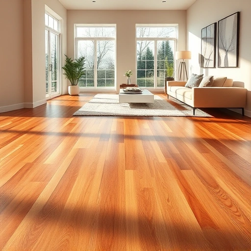 Hardwood flooring installation in a modern living room with warm tones, large windows, and minimalist decor.