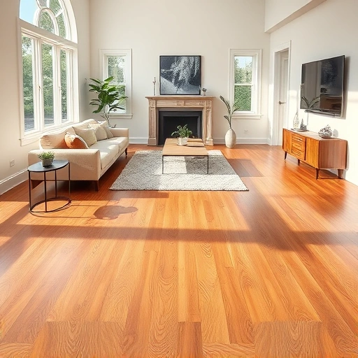 Modern living room in Arlington Heights IL featuring rich hardwood flooring, neutral walls, and minimalistic decor.