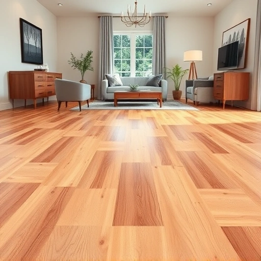 Hardwood flooring installation in a stylish living room with rich wood tones and modern decor under natural light.