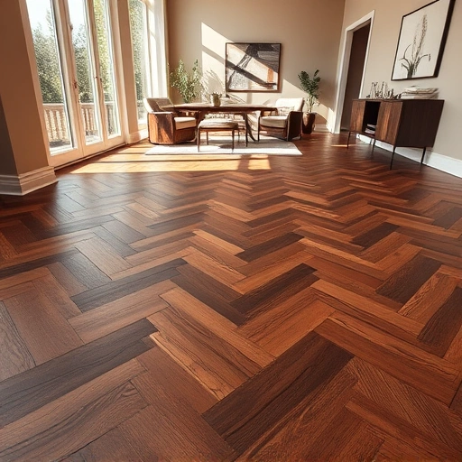 Custom hardwood flooring installation in Mt. Prospect IL features dark oak in herringbone pattern with natural light.