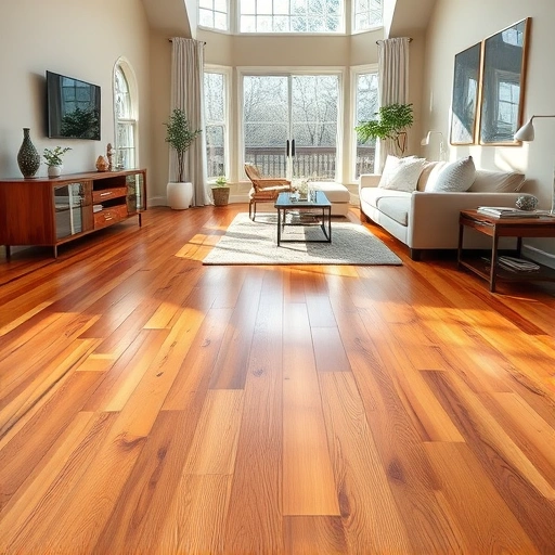 Hardwood flooring installation in a modern living room with warm tones, glossy finish, and stylish decor in Hawthorn Woods IL.
