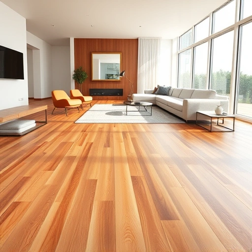 Floating hardwood floor installation in a modern living space in Algonquin IL with warm tones and natural light.