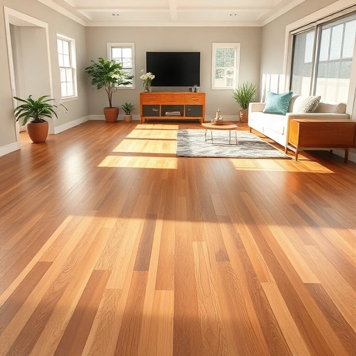 Pristine hardwood floor finish in a modern Algonquin home, showcasing craftsmanship with warm tones and soft lighting.