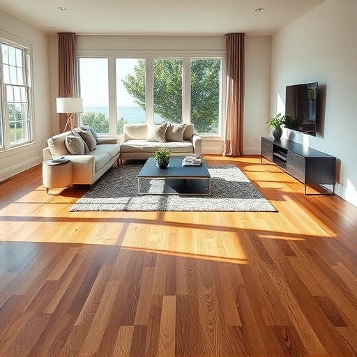 Elegant living room in Long Grove, IL with warm oak hardwood floors, modern decor, and natural light accents.