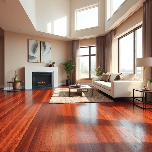 Custom hardwood flooring installation in North Chicago featuring rich mahogany, modern furniture, and elegant decor.