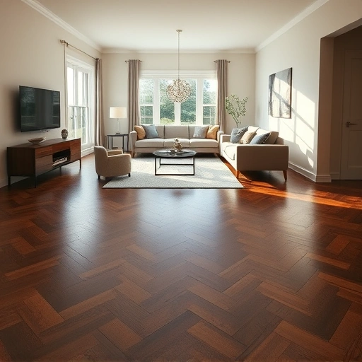 Custom hardwood flooring installation in an elegant Inverness living room with dark herringbone floors and stylish decor.