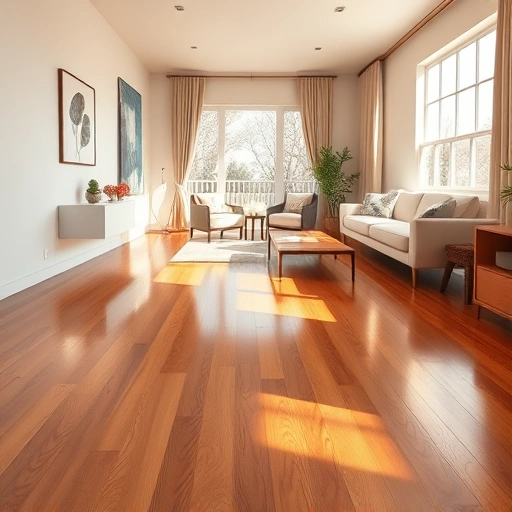 Hardwood floor resurfacing in Algonquin IL with rich tones and high gloss finish under natural light in an elegant room.