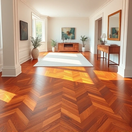 Custom hardwood flooring installation in Lake Forest IL, featuring herringbone pattern, warm tones, and modern decor.