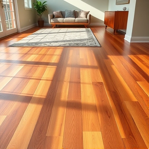 Custom hardwood flooring installation in Elgin IL features polished planks and elegant furnishings in a warm, inviting space.