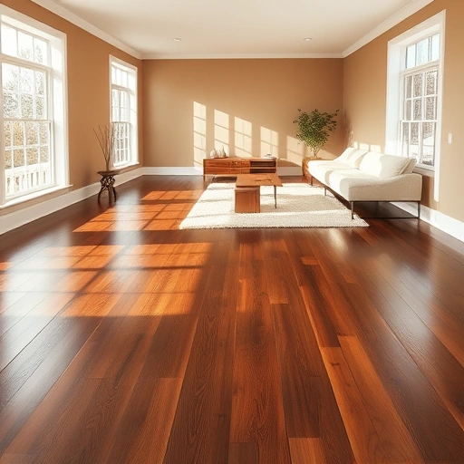 Spacious room with dark hardwood floors, large windows, warm walls, white baseboards, and minimalistic furniture.