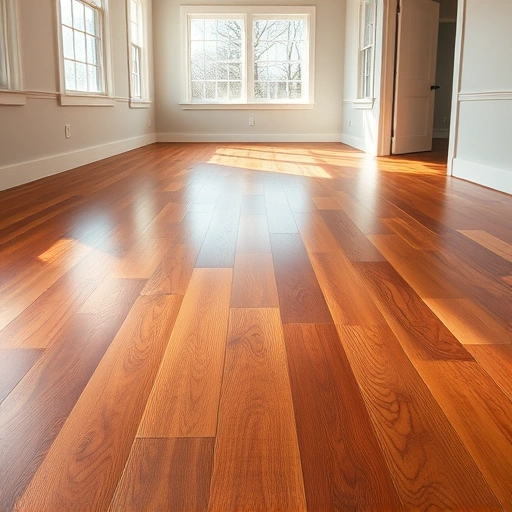 Spacious room with polished hardwood flooring, natural light highlighting rich tones and seamless planks, warm ambiance.