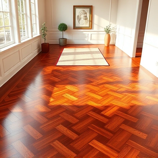 Custom hardwood flooring installation in Carpentersville IL featuring herringbone pattern, warm glow, and elegant decor.