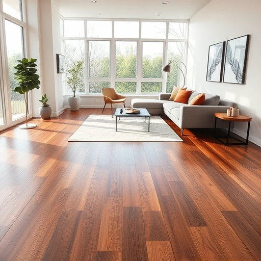 Hardwood flooring installation in a modern living room with dark oak planks and contemporary decor in Palatine IL.