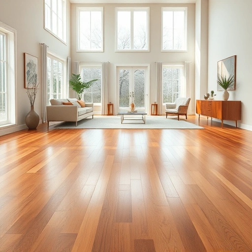 Completed hardwood flooring in a spacious, well-lit room with natural light, neutral walls, and elegant decor.