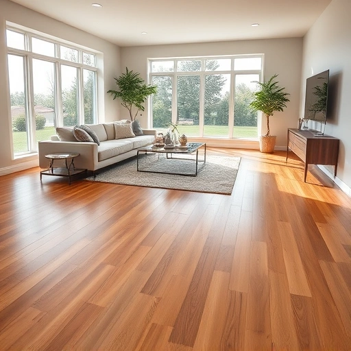 Hardwood flooring in a modern living room with oak tones, large windows, stylish furniture, and potted plants.
