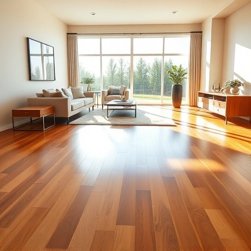 Custom hardwood flooring installation in a spacious living room with natural light, warm tones, and minimalistic decor.