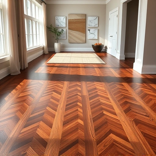 Custom hardwood flooring installation in Huntley IL features dark oak planks in herringbone pattern with white baseboards.