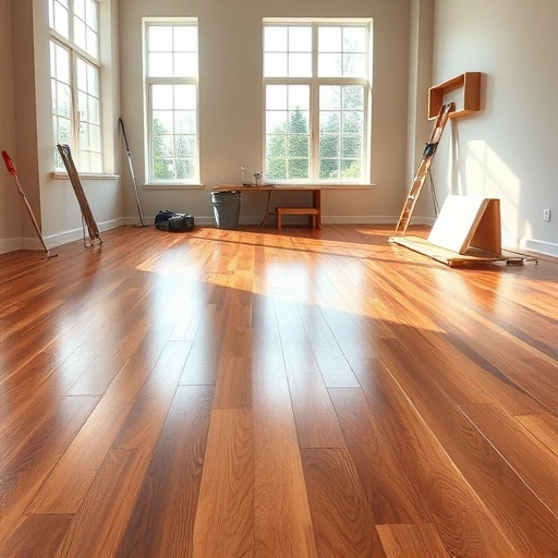 Pristine glossy polyurethane floor finish in Algonquin IL, showcasing rich wood grain and a professional workspace.