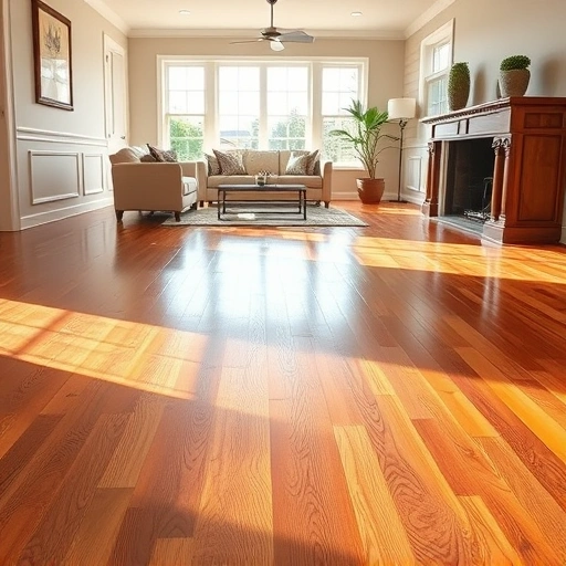 Hardwood flooring installation in East Dundee IL with polished wood grain, elegant baseboards, and natural light reflections.