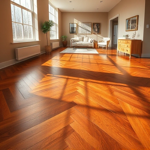 Custom hardwood flooring installation in Elgin IL featuring polished herringbone pattern in a stylish living space.