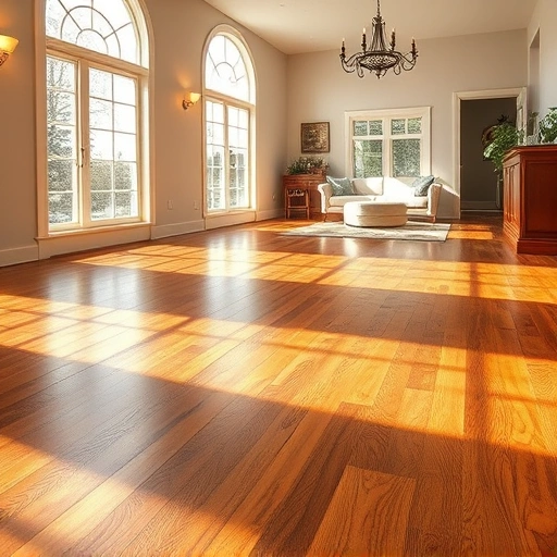 Spacious room with polished hardwood floor, warm brown hues, and sunlight streaming through large windows.