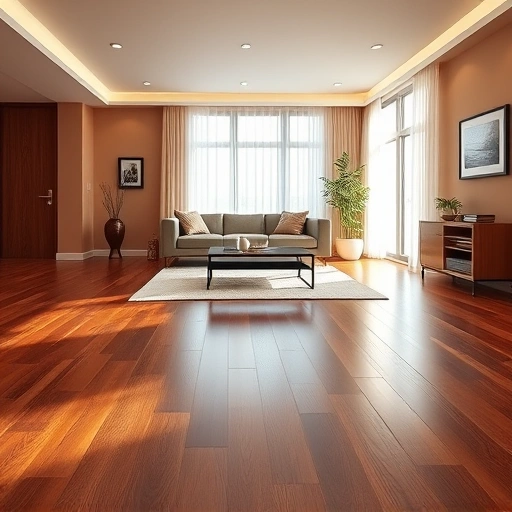 Hardwood flooring installation in a spacious living room with dark oak planks, modern furniture, and natural light.