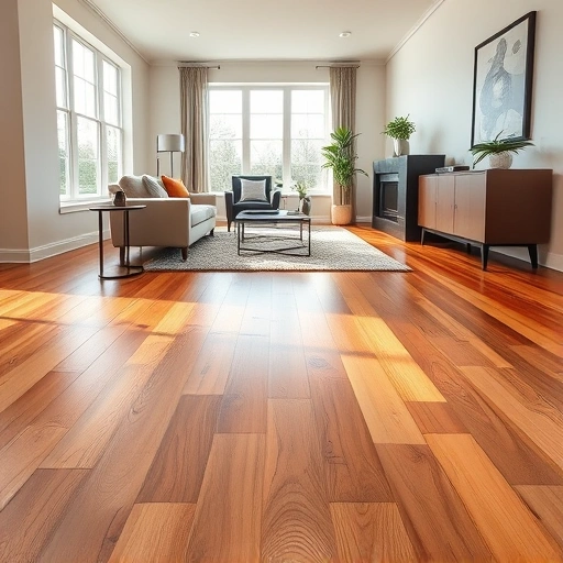 Hardwood flooring installation in Highwood, IL, showcasing rich wood tones and modern minimalistic decor in a bright room.