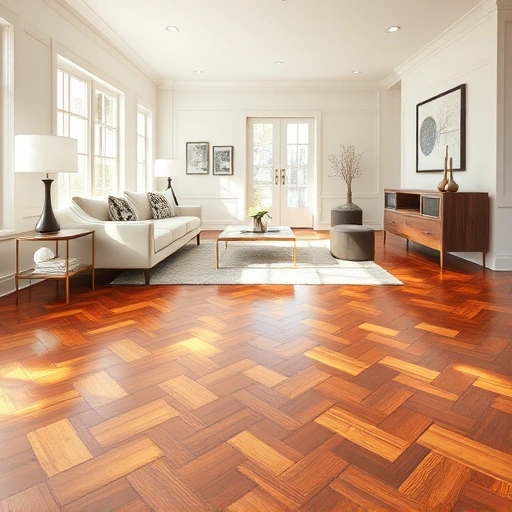 Custom hardwood flooring installation in Long Grove IL with polished herringbone pattern in a stylish living space.
