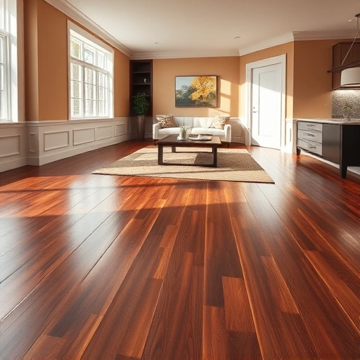 Custom hardwood flooring installation in a spacious living room with elegant decor and soft natural lighting.