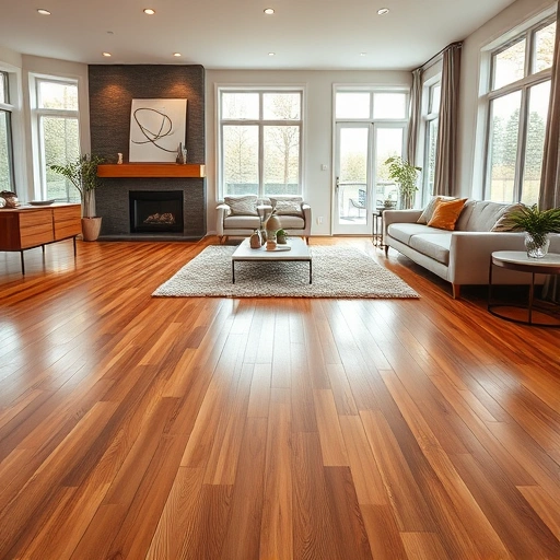 Hardwood flooring installation in a contemporary living room with warm tones, elegant decor, and natural light.