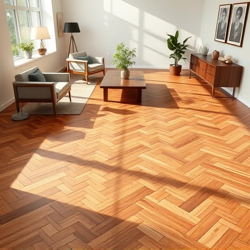 Hardwood flooring installation in Schaumburg IL features oak in a herringbone pattern illuminated by natural sunlight.