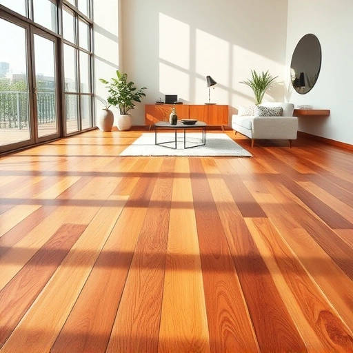 Custom hardwood flooring installation in Elgin IL featuring rich brown and amber planks, stylish decor, and natural light.