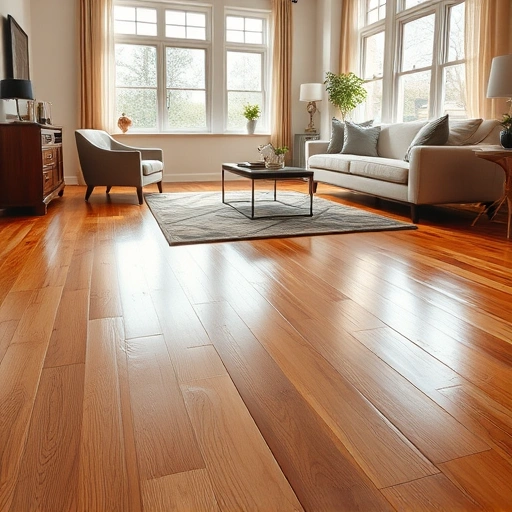 Newly repaired hardwood floor in a stylish Algonquin living room, showcasing seamless integration and warm tones.