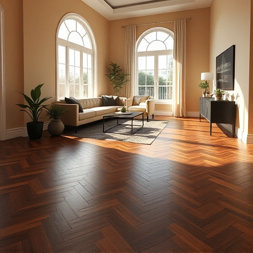 Completed hardwood flooring in Elgin IL, featuring dark oak herringbone pattern, natural light, and modern decor.