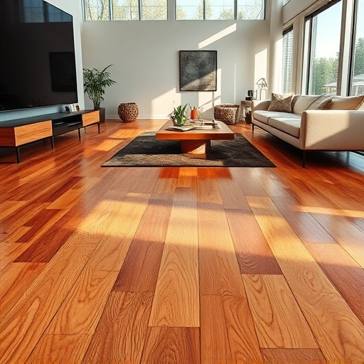 Floating hardwood floor installation in Algonquin IL with warm tones, glossy finish, modern decor, and natural light.