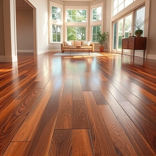 Spacious room featuring polished hardwood floors in warm tones, with elegant decor and natural light enhancing the beauty.