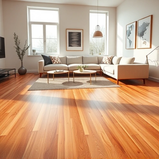 Completed hardwood flooring in a modern living room with elegant furniture and natural light accents.