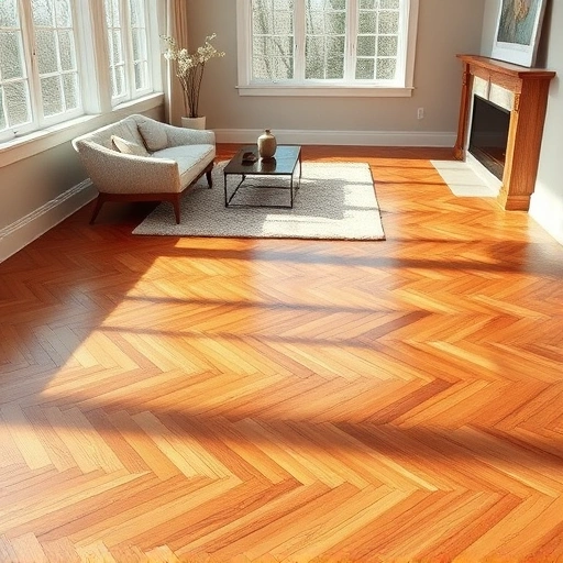 Hardwood flooring installation in Highland Park IL features warm tones, herringbone pattern, and elegant furnishings.