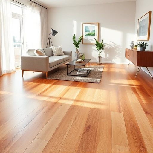 Hardwood flooring in a modern Woodstock IL living room features rich oak tones, sleek furniture, and soft sunlight.